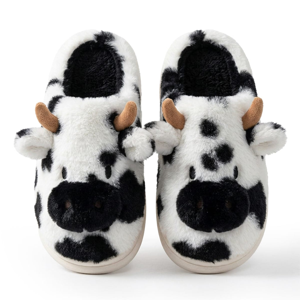 Hausschuhe mit Kuhmotiv aus Kunstfell | Plüschfutter & EVA-Sohle | Slip-On Hausschuhe in Größen 36–45 für Innen | Schmid
