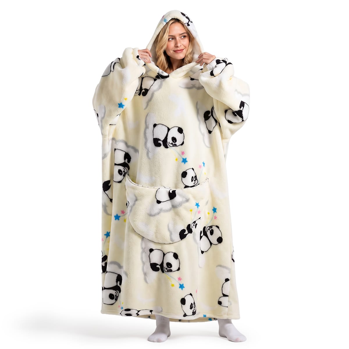 Oversized Deckenpullover mit Kapuze | 100 % Polyester-Flanell-Fleece | Lange Tragbare Decke mit Großer Fronttasche | Schmid
