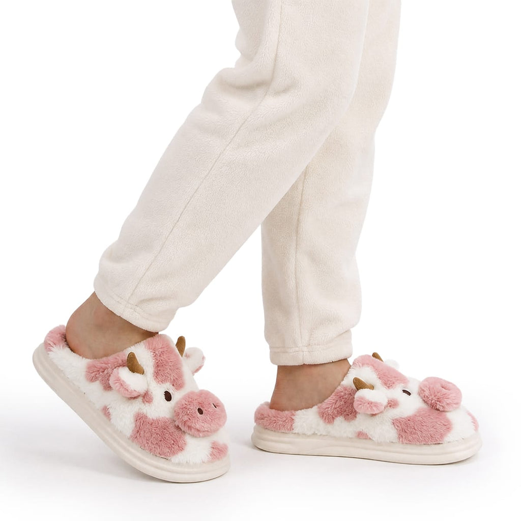 Hausschuhe mit Kuhmotiv aus Kunstfell | Plüschfutter & EVA-Sohle | Slip-On Hausschuhe in Größen 36–45 für Innen | Schmid