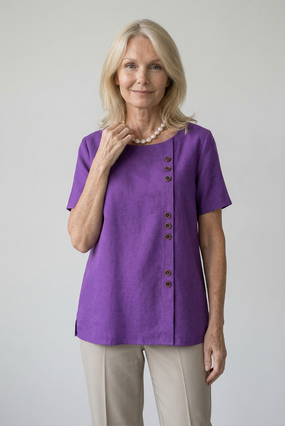 Damen Leinenbluse – Langarm, Knopfleiste, Einfarbig