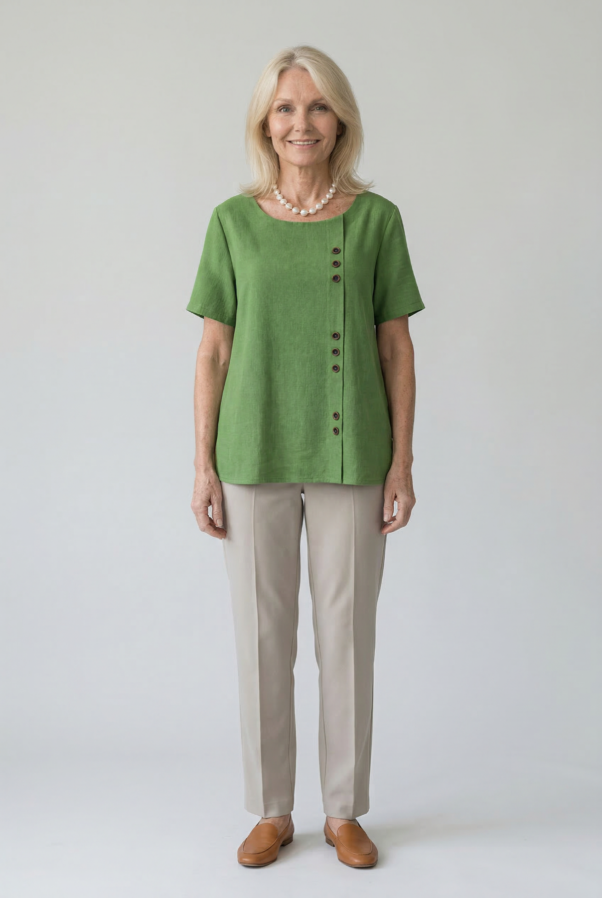 Damen Leinenbluse – Langarm, Knopfleiste, Einfarbig