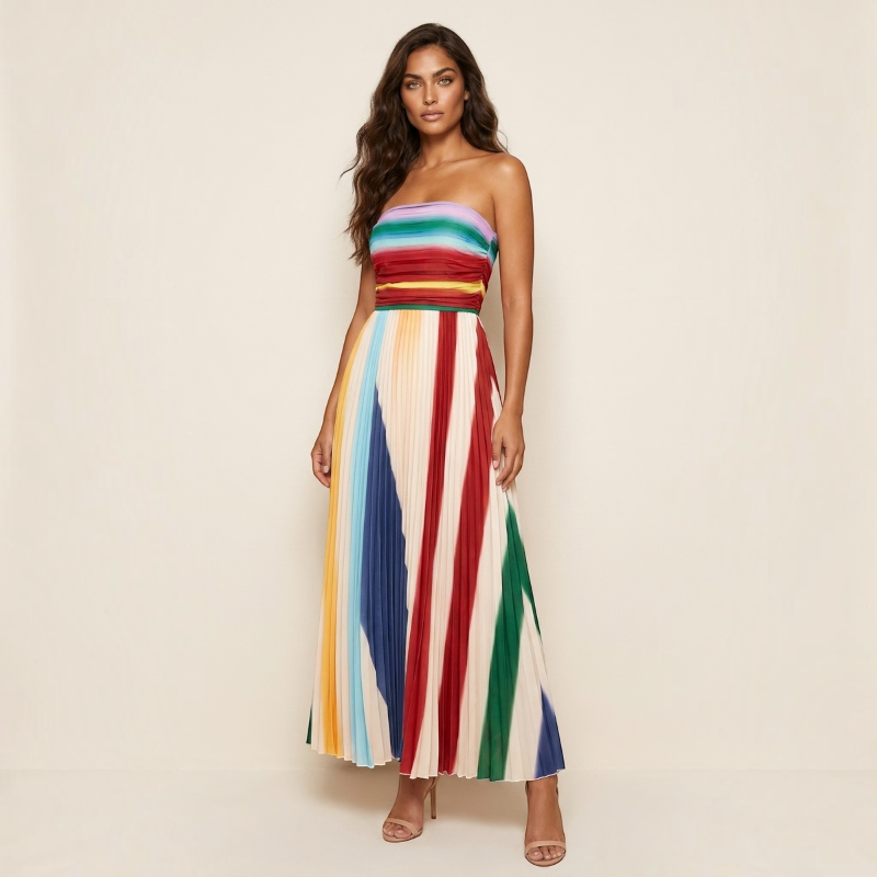 Damen Maxikleid | Plissiertes Maxikleid mit Print | Reguläres Freizeitkleid in Maxi-Länge | Schmid
