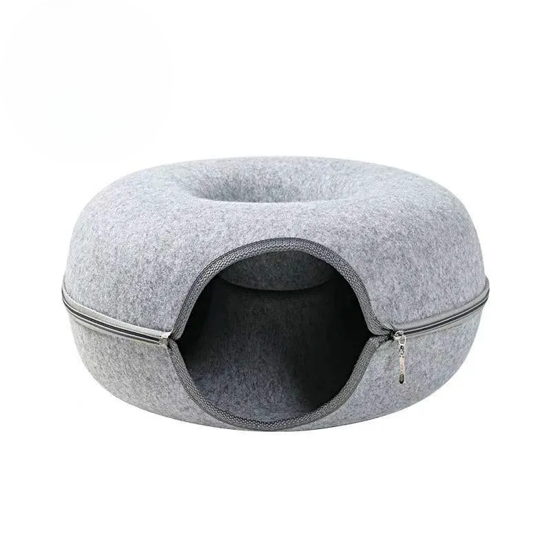 Katzen Tunnelbett aus Filzverbundstoff | Donut Katzenbett mit Doppellagigem Tunnel und Reißverschluss | Ruhen und Spielen im Innenbereich | Schmid