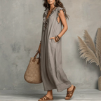 Damen Maxikleid | Ärmelloses Maxikleid mit V-Ausschnitt und Rüschen | Reguläres Freizeitkleid in Maxi-Länge | Schmid