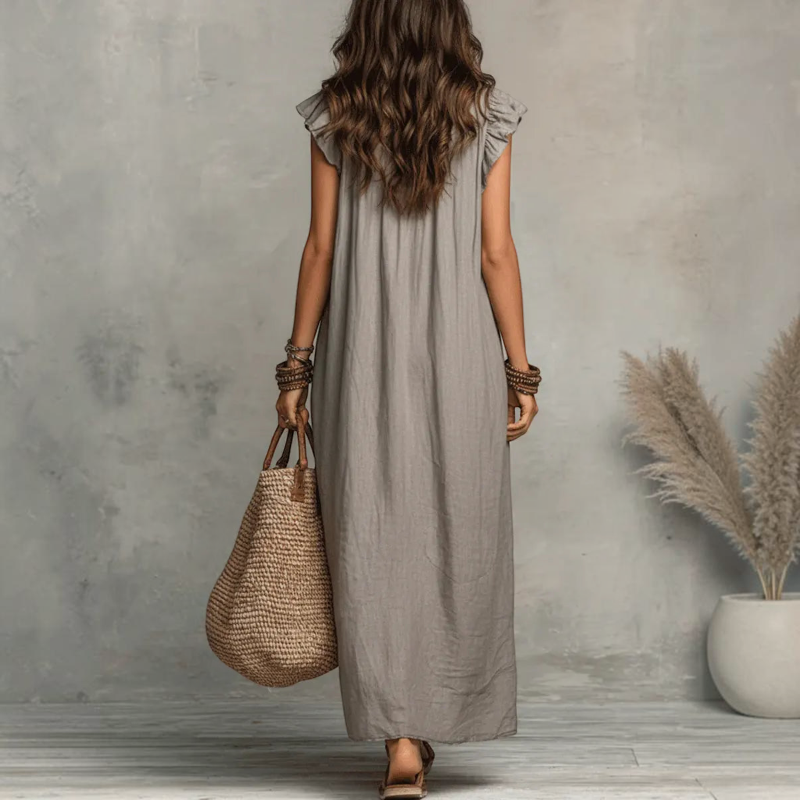 Damen Maxikleid | Ärmelloses Maxikleid mit V-Ausschnitt und Rüschen | Reguläres Freizeitkleid in Maxi-Länge | Schmid