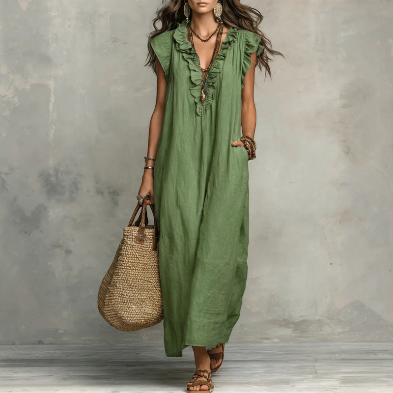 Damen Maxikleid | Ärmelloses Maxikleid mit V-Ausschnitt und Rüschen | Reguläres Freizeitkleid in Maxi-Länge | Schmid