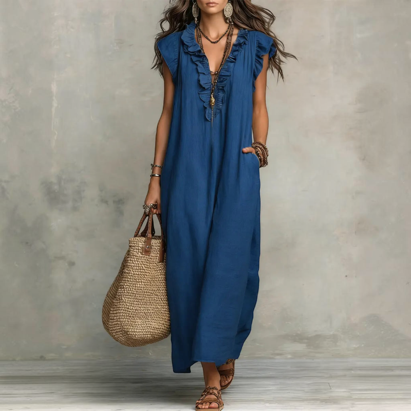 Damen Maxikleid | Ärmelloses Maxikleid mit V-Ausschnitt und Rüschen | Reguläres Freizeitkleid in Maxi-Länge | Schmid