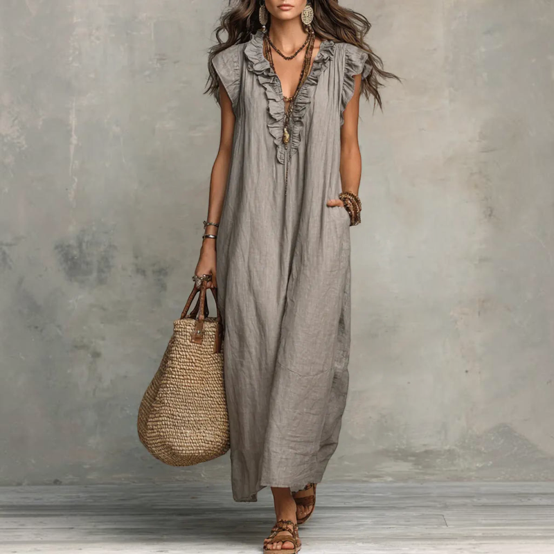 Damen Maxikleid | Ärmelloses Maxikleid mit V-Ausschnitt und Rüschen | Reguläres Freizeitkleid in Maxi-Länge | Schmid