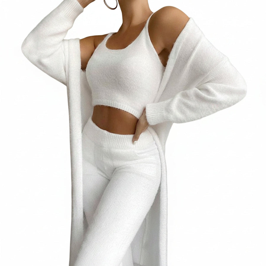 Damen 3-teiliges Loungewear-Set aus Polyester | Crop-Top, Hose & Morgenmantel | Weiche Heimkleidung für Alltag, Herbst & Winter | Schmid