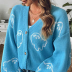 Damen Halloween Strickcardigan aus Baumwolle | V-Ausschnitt & Knopfleiste | Langarm-Layer mit Geistermuster für Alltag & Herbst | Schmid
