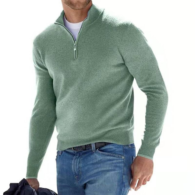 Herrenpullover aus Merinowolle mit V‑Ausschnitt und Reissverschluss