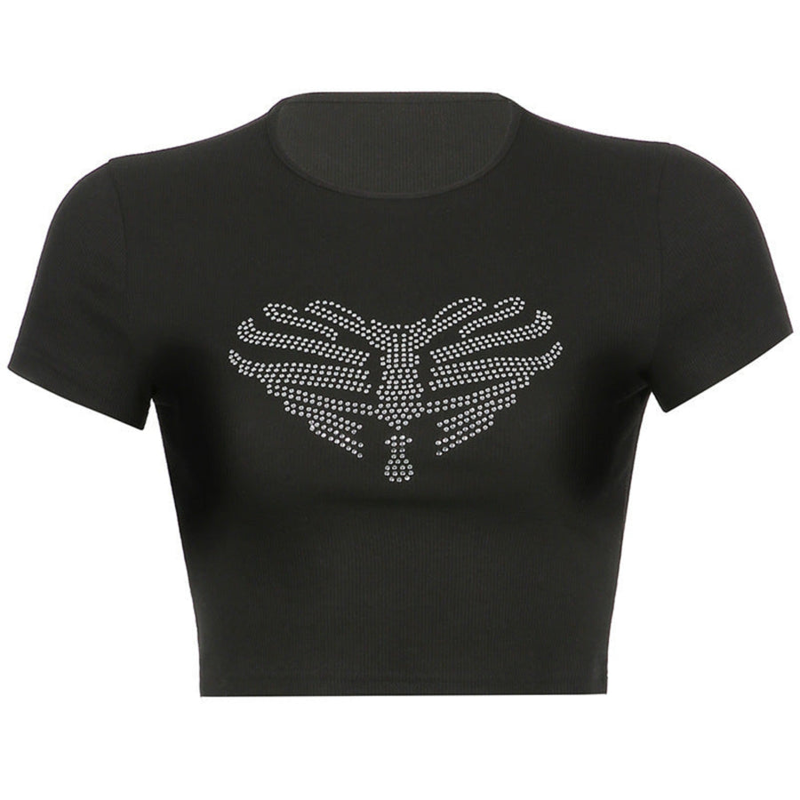 Damen - Crop-Top Skelett-Motiv Oberteil mit Strass