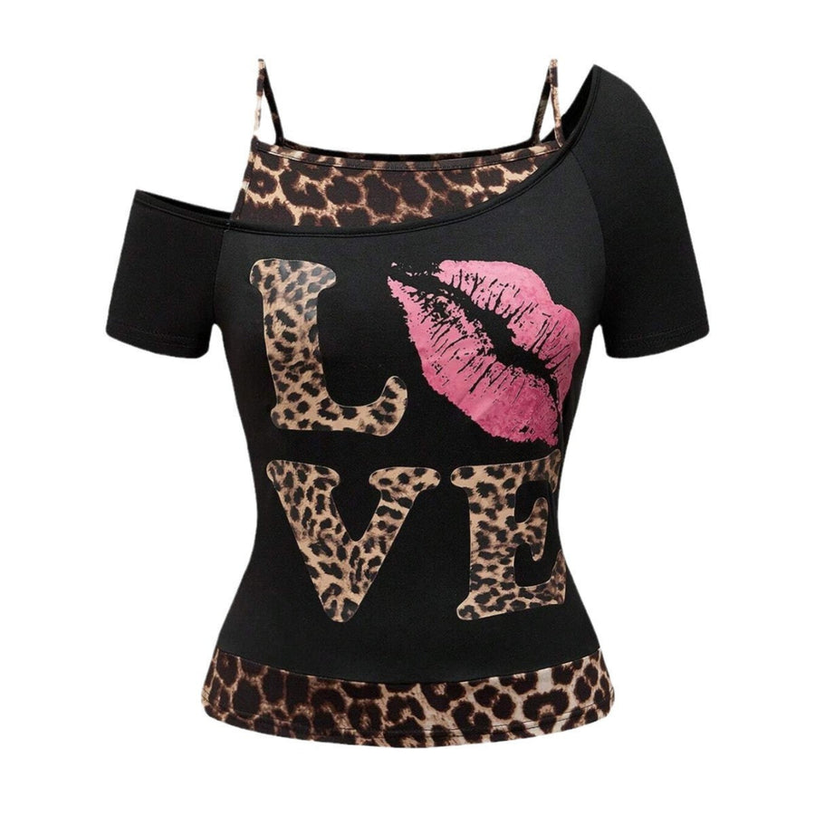 Damen - Off-Shoulder Oberteil Leopardenmuster Langarm Shirt