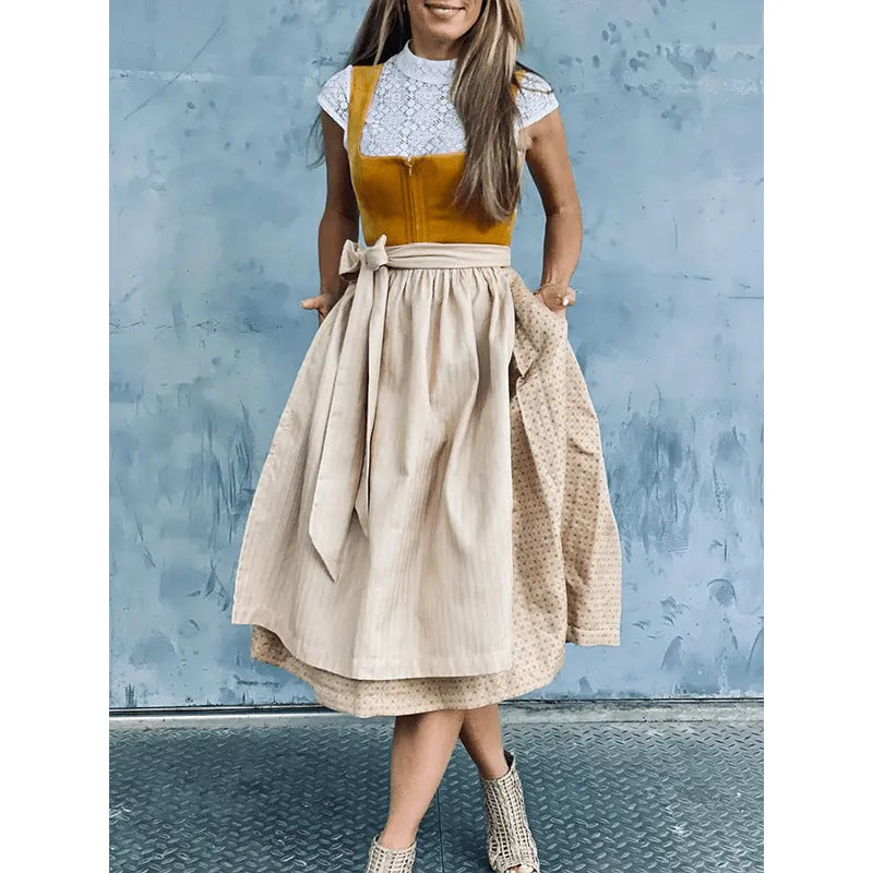 Damen Dirndl-Kleid | Tailliertes Oberteil & Spitzenbluse | Midikleid mit Schürzenrock für Oktoberfest, Festivals & Themenanlässe | Schmid