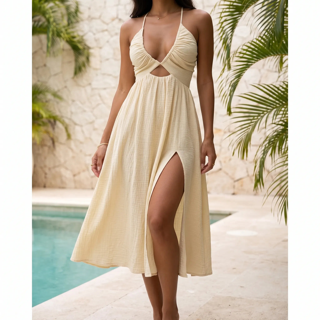 Damen Maxikleid aus Polyester | A-Linien-Kleid mit tiefem V-Ausschnitt | Ärmelloses Kleid für Alltag und Urlaub | Schmid
