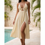 Damen Maxikleid aus Polyester | A-Linien-Kleid mit tiefem V-Ausschnitt | Ärmelloses Kleid für Alltag und Urlaub | Schmid
