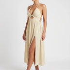 Damen Maxikleid aus Polyester | A-Linien-Kleid mit tiefem V-Ausschnitt | Ärmelloses Kleid für Alltag und Urlaub | Schmid