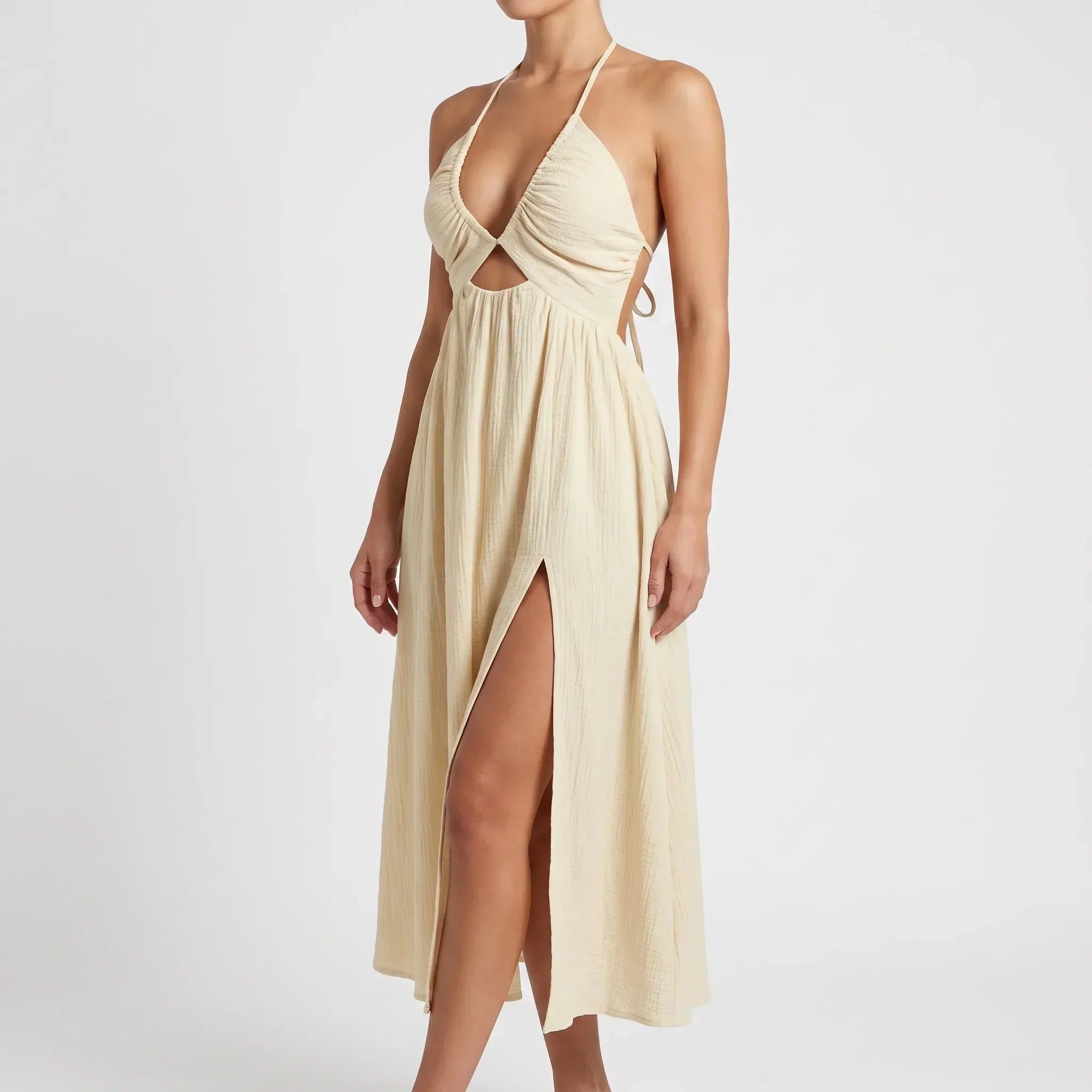 Damen Maxikleid aus Polyester | A-Linien-Kleid mit tiefem V-Ausschnitt | Ärmelloses Kleid für Alltag und Urlaub | Schmid
