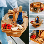 Abnehmbarer Picknick‑Tisch aus Holz mit Fächern für Gläser und Flaschen