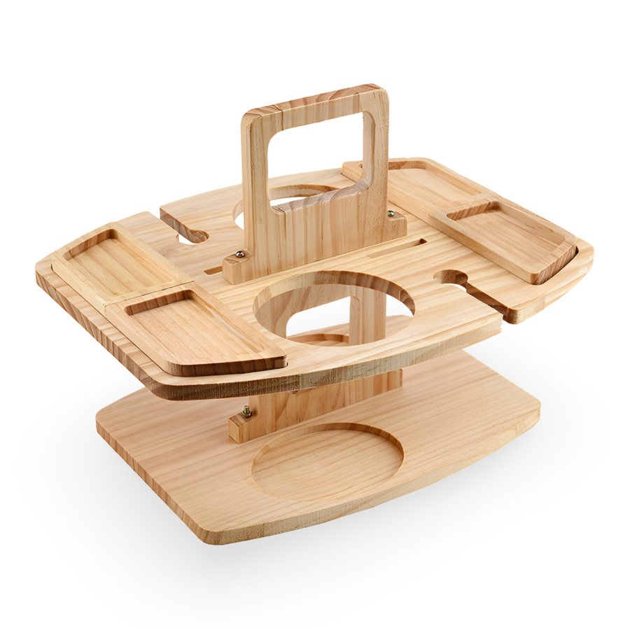 Abnehmbarer Picknick‑Tisch aus Holz mit Fächern für Gläser und Flaschen