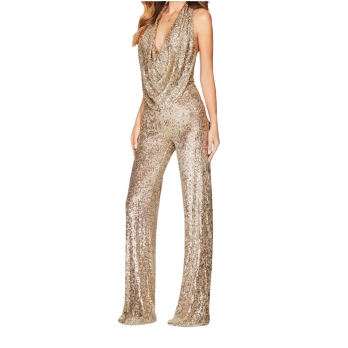 Damen Jumpsuit | Ärmelloser Pailletten Jumpsuit mit Halterneck | Reguläre Passform mit Geradem Bein | Schmid