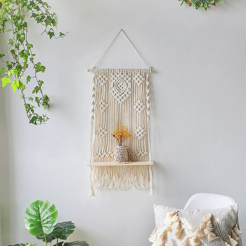 Makramee-Wandregal – Holzregal im Boho-Stil, hängend, 55 × 35 cm