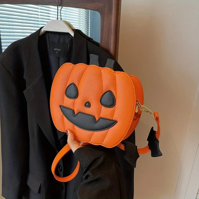 Halloween Kürbis Umhängetasche aus PU & Polyester | Fledermaus Design | Kompakte Crossbody Tasche mit Reißverschluss | Schmid