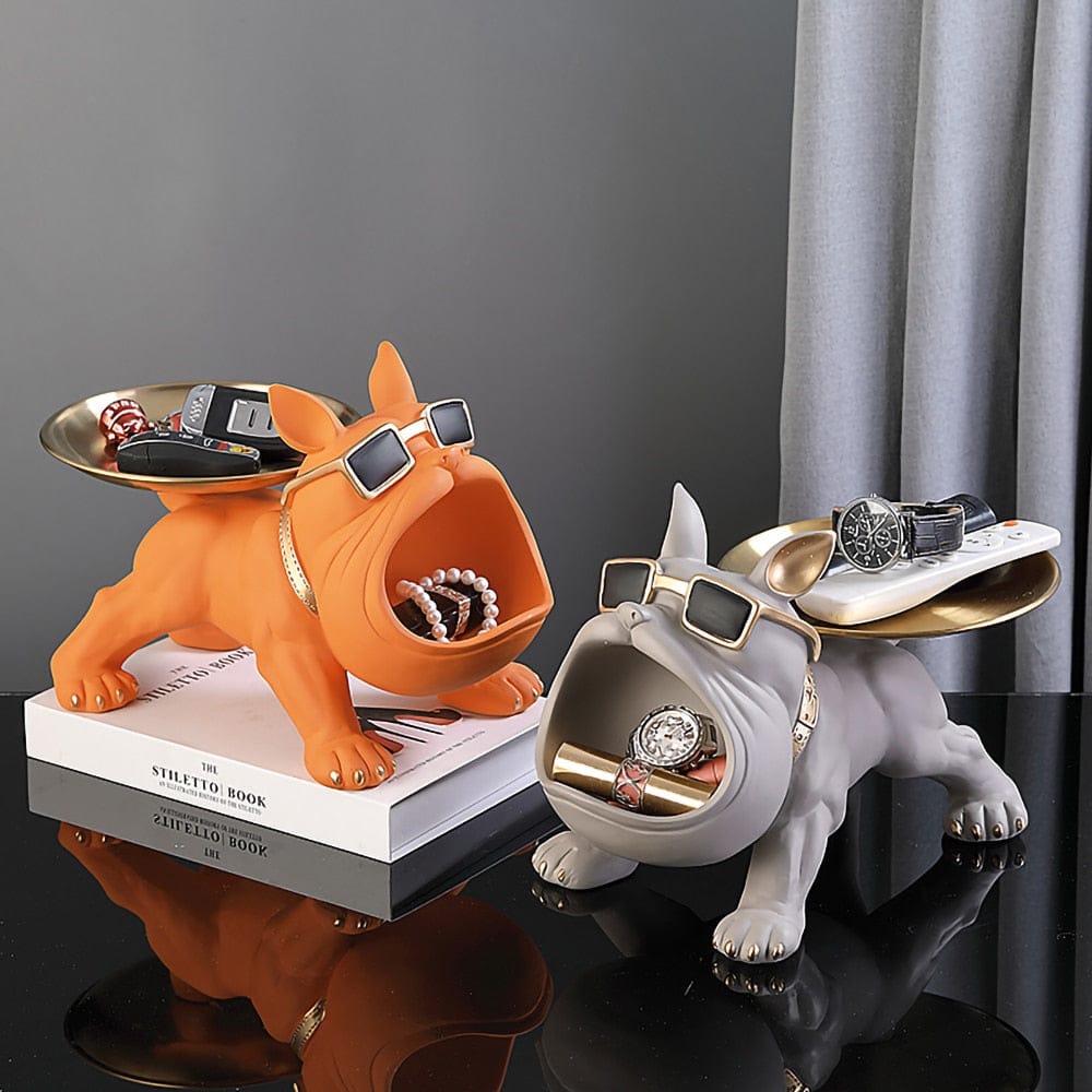 Französische Bulldoggen-Majordom-Statue | Orange Keramikfigur & Ablagetablett | Tischorganizer für Schlüssel, Schmuck & Uhren | Schmid