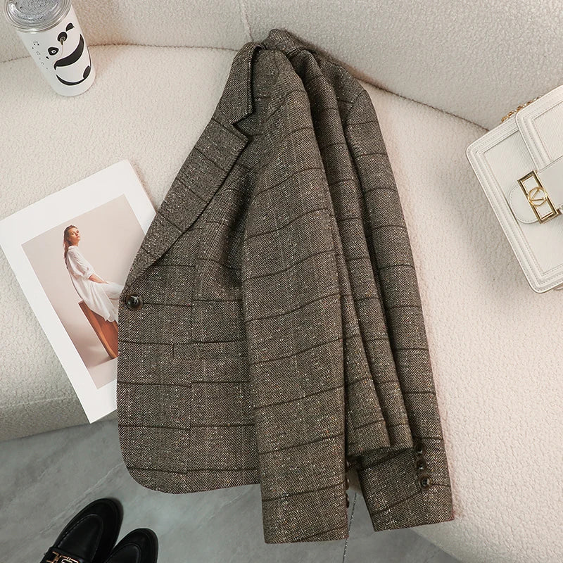 Damen Wolljacke | Karierte Vintage Langarm Winterjacke Für Elegante Wärme
