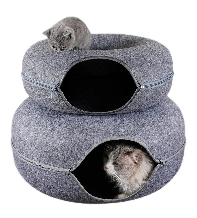 Katzen Tunnelbett aus Filzverbundstoff | Donut Katzenbett mit Doppellagigem Tunnel und Reißverschluss | Ruhen und Spielen im Innenbereich | Schmid