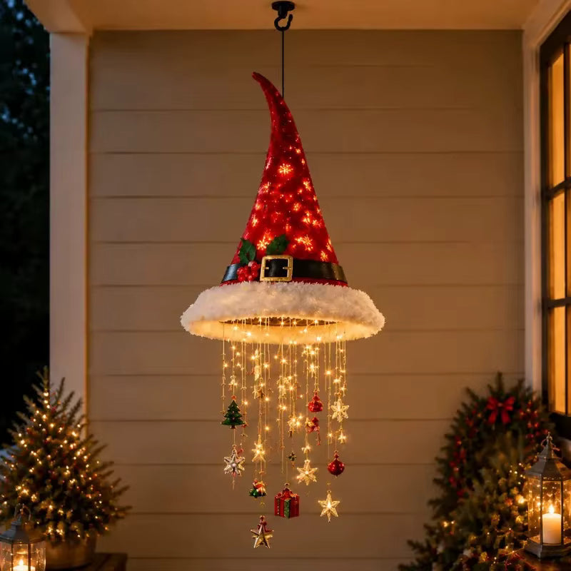 Hängende Weihnachtsmützen-Dekoration | Textil & Kunststoff mit Warmen LED-Lichtern | 60 cm Weihnachtsdeko für Innen & Überdachte Außenbereiche | Schmid
