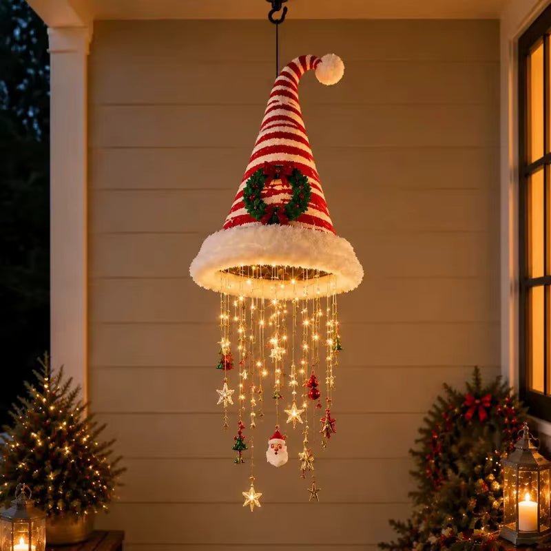 Hängende Weihnachtsmützen-Dekoration | Textil & Kunststoff mit Warmen LED-Lichtern | 60 cm Weihnachtsdeko für Innen & Überdachte Außenbereiche | Schmid