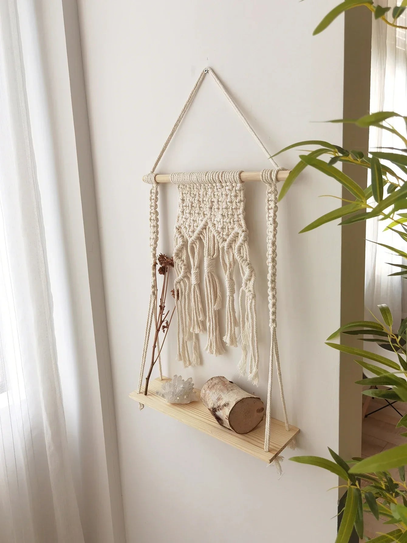 Makramee-Wandregal – Holzregal im Boho-Stil, hängend, 55 × 35 cm