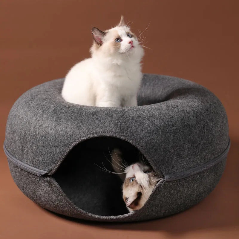 Katzen Tunnelbett aus Filzverbundstoff | Donut Katzenbett mit Doppellagigem Tunnel und Reißverschluss | Ruhen und Spielen im Innenbereich | Schmid