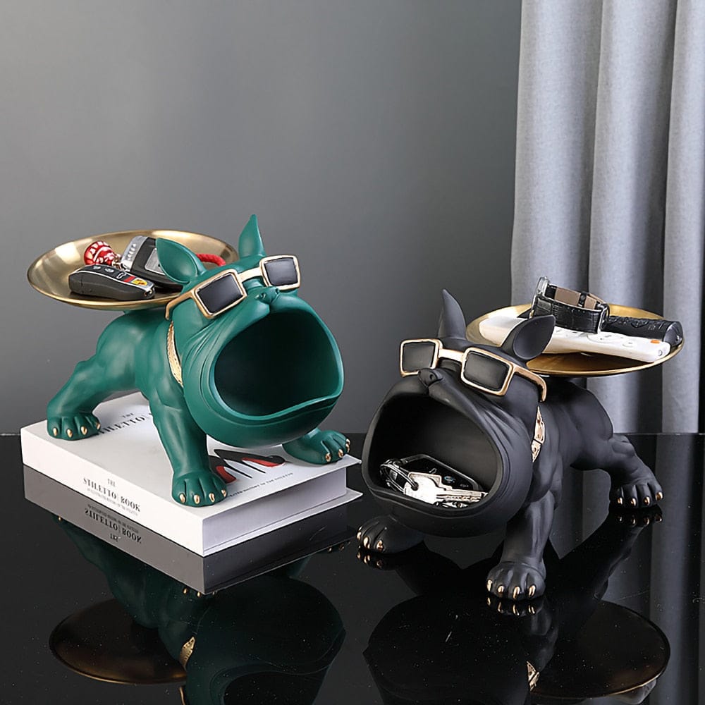 Französische Bulldoggen-Majordom-Statue | Orange Keramikfigur & Ablagetablett | Tischorganizer für Schlüssel, Schmuck & Uhren | Schmid