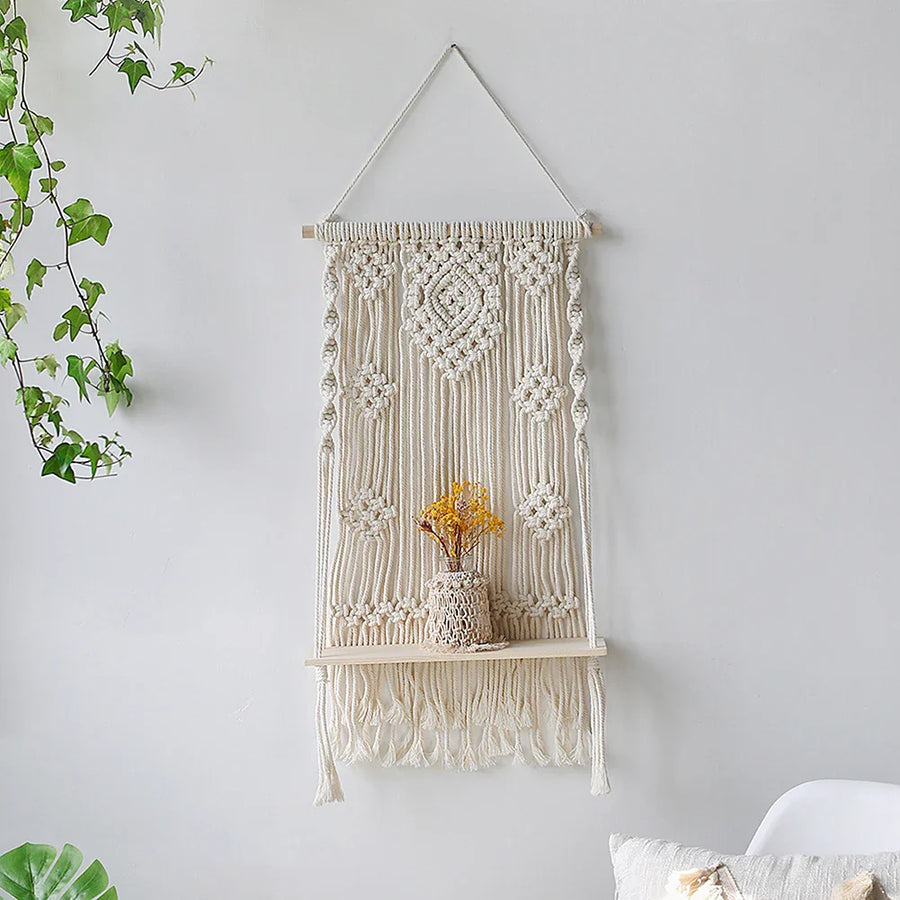 Makramee-Wandregal – Holzregal im Boho-Stil, hängend, 55 × 35 cm