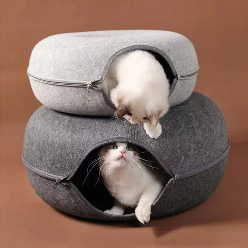 Katzen Tunnelbett aus Filzverbundstoff | Donut Katzenbett mit Doppellagigem Tunnel und Reißverschluss | Ruhen und Spielen im Innenbereich | Schmid