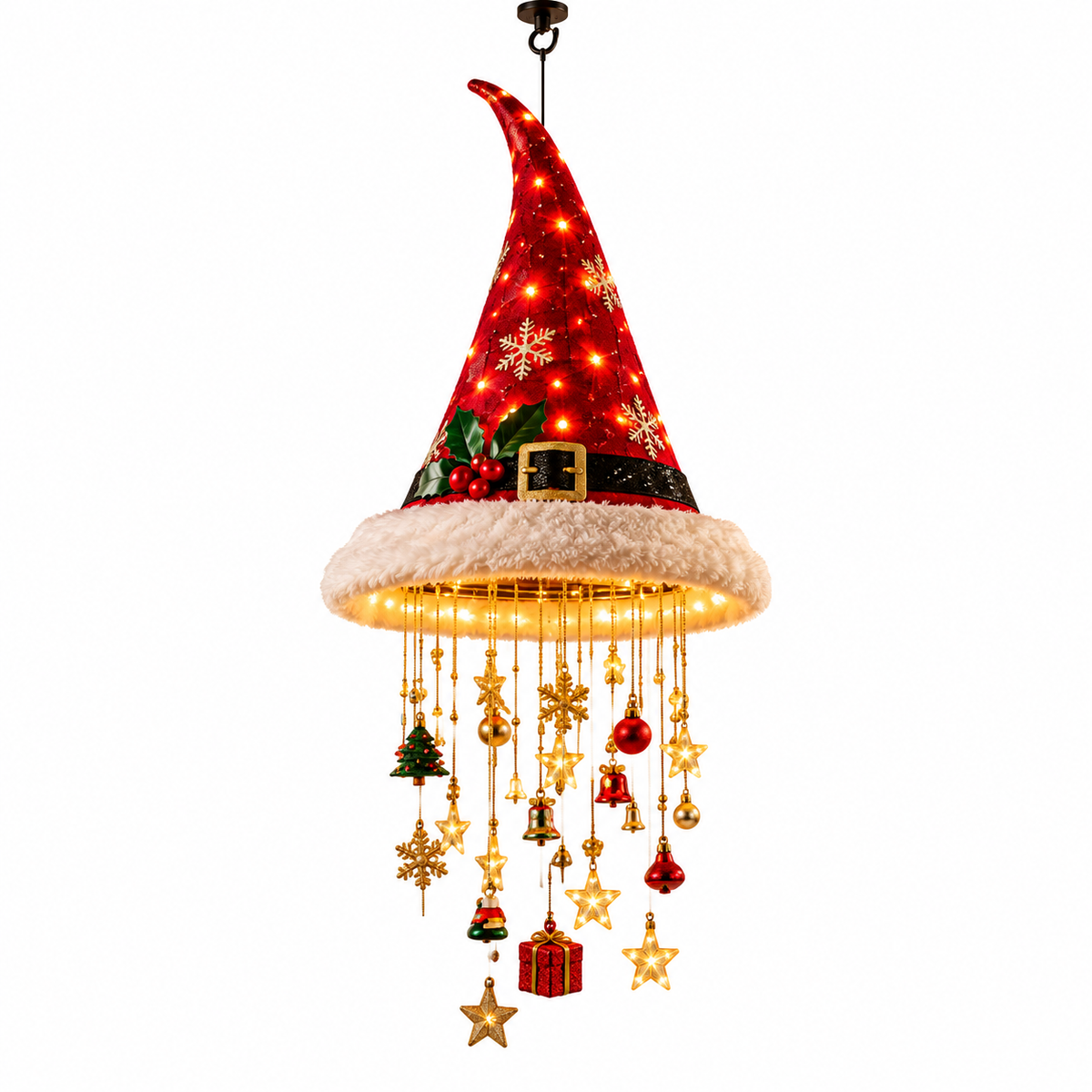 Hängende Weihnachtsmützen-Dekoration | Textil & Kunststoff mit Warmen LED-Lichtern | 60 cm Weihnachtsdeko für Innen & Überdachte Außenbereiche | Schmid
