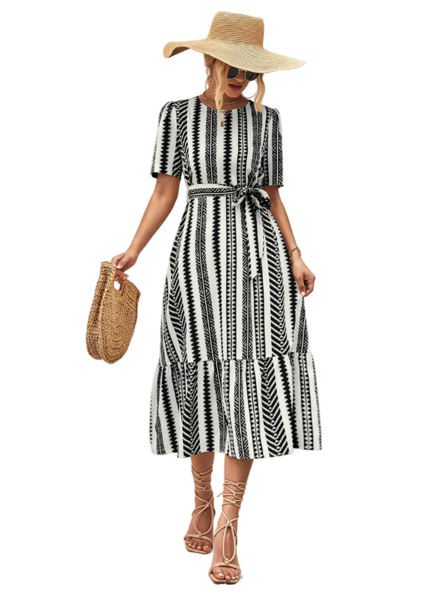 Elise - Gestreiftes Midi Kleid – Schwarz und Weiß