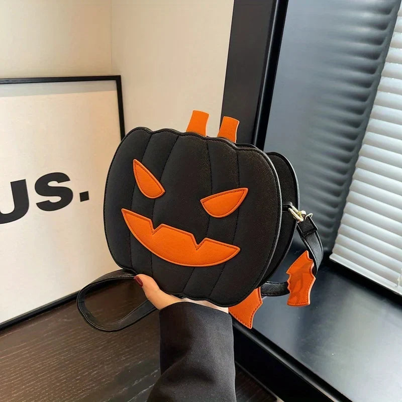 Halloween Kürbis Umhängetasche aus PU & Polyester | Fledermaus Design | Kompakte Crossbody Tasche mit Reißverschluss | Schmid