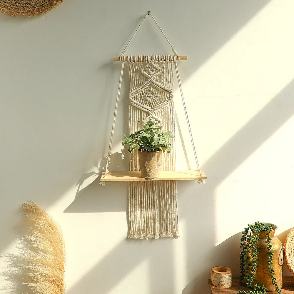 Makramee-Wandregal – Holzregal im Boho-Stil, hängend, 55 × 35 cm