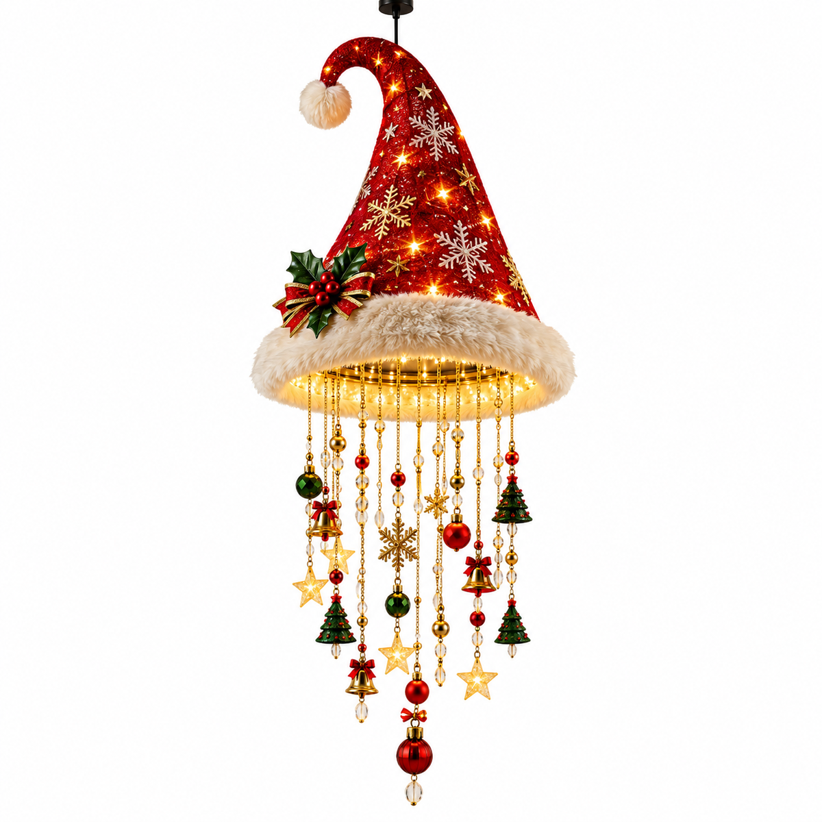Hängende Weihnachtsmützen-Dekoration | Textil & Kunststoff mit Warmen LED-Lichtern | 60 cm Weihnachtsdeko für Innen & Überdachte Außenbereiche | Schmid