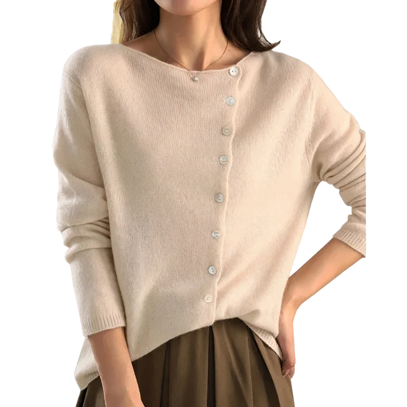 Damen Strickpullover – Asymmetrische Knopfleiste Und Lange Ärmel