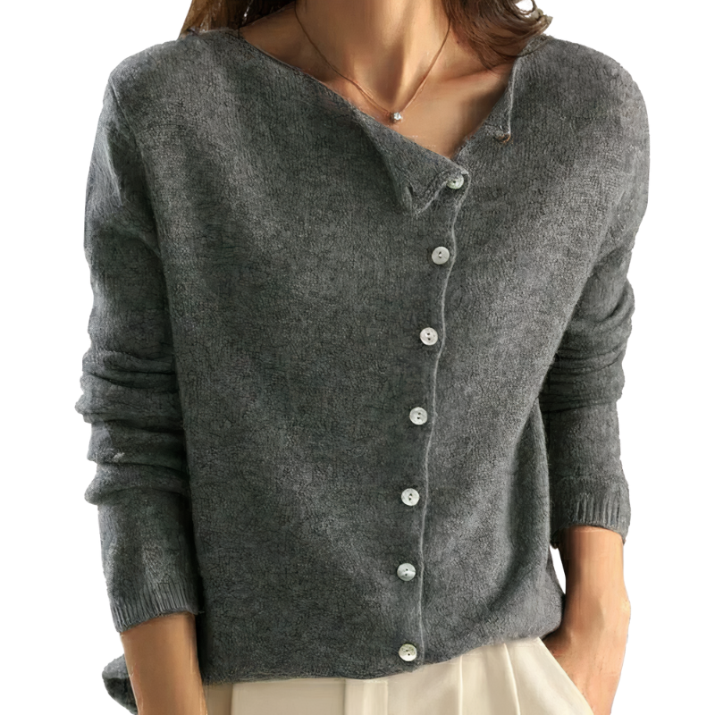 Damen Strickpullover – Asymmetrische Knopfleiste Und Lange Ärmel