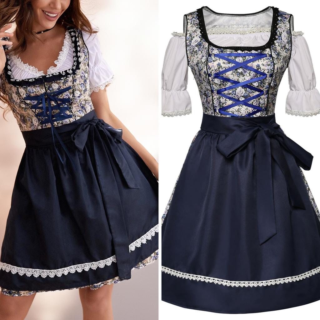 Damen Dirndl Kleid aus Baumwollmischung und Polyester | Midi Trachtenkleid mit Schürze | Blumenmuster für Festivals und Themenpartys | Schmid