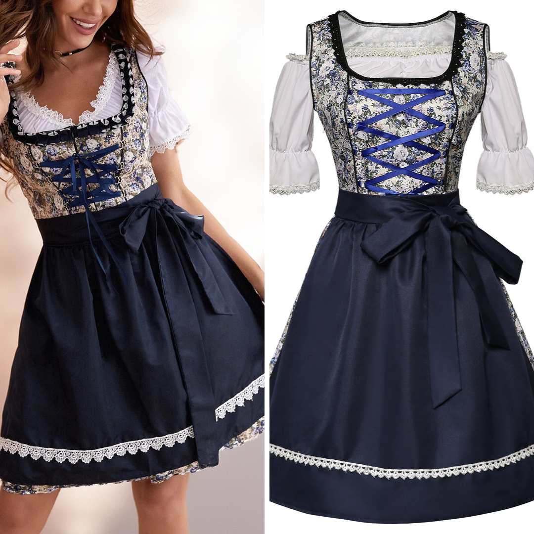 Damen Dirndl Kleid aus Baumwollmischung und Polyester | Midi Trachtenkleid mit Schürze | Blumenmuster für Festivals und Themenpartys | Schmid