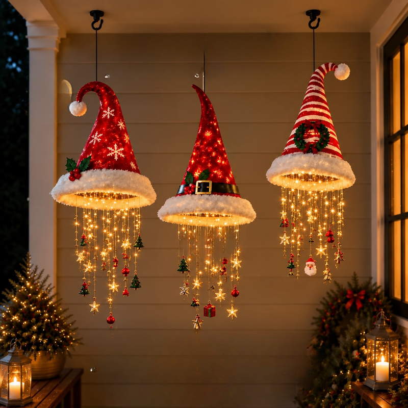 Hängende Weihnachtsmützen-Dekoration | Textil & Kunststoff mit Warmen LED-Lichtern | 60 cm Weihnachtsdeko für Innen & Überdachte Außenbereiche | Schmid