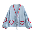 Damen V-Ausschnitt Bluse | Locker Geschnittene Langarmbluse mit Herzförmigen Taschen | Alltag und Freizeit | Schmid