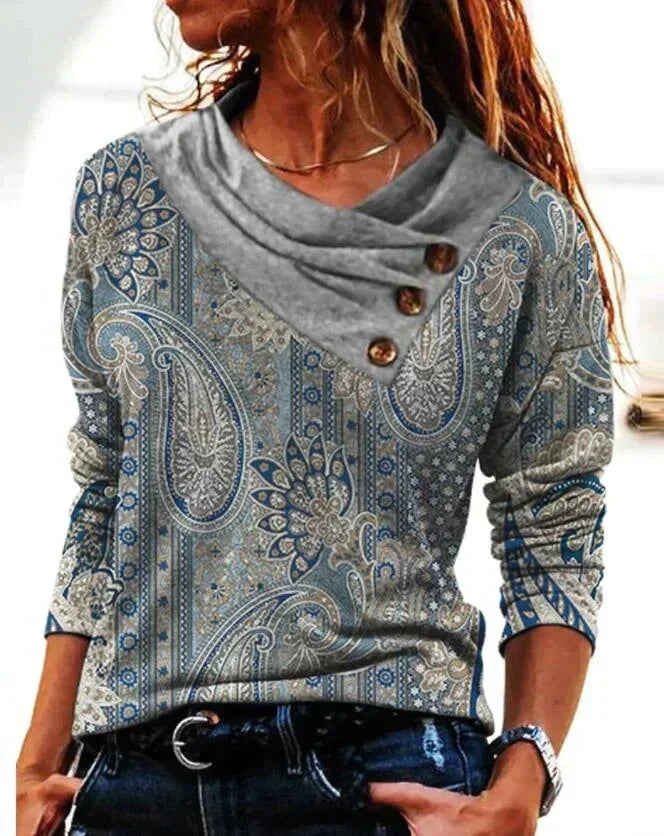 Damen Langarm‑Pullover | Boho‑Paisley‑Muster und Schalkragen