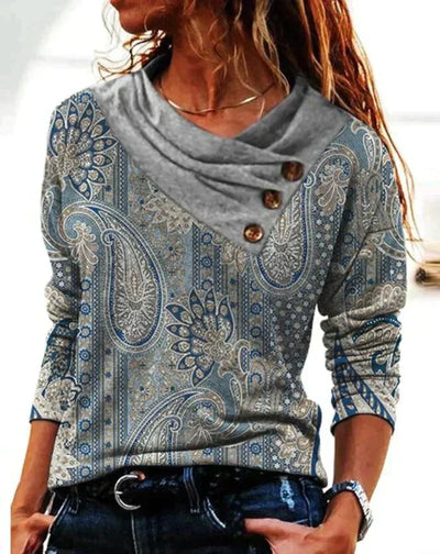 Damen Langarm‑Pullover | Boho‑Paisley‑Muster und Schalkragen